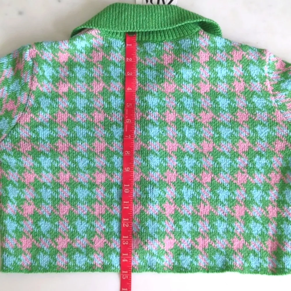 ZARA Houndstooth Knit Crop Cardigan & Skirt Set 2 pc S pink green mini skirt - Picture 11 of 13